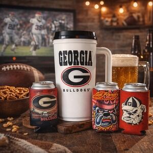 Georgia Bulldogs Travel Mug + 3 Koozies UGA Fan Tailgate‎ Set EUC